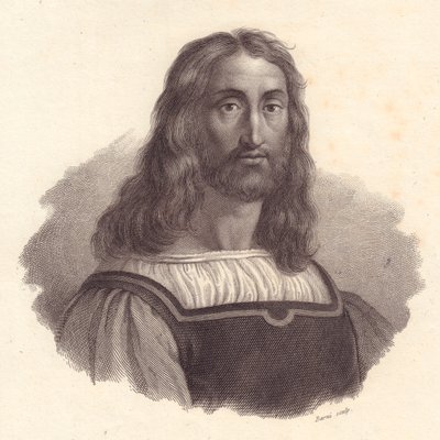 Retrato do gravador italiano Marcantonio Raimondi (1480-1534), gravura em cobre de Barni de pintura de Raffaello Sanzio de J.B. and Brown J. Rowbotham
