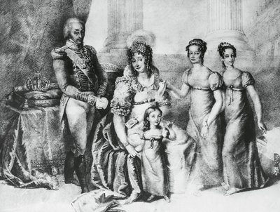Retrato de Victor Emmanuel I, Rei da Sardenha e Duque da Sabóia, Piemonte e Aosta, com sua esposa Maria Teresa da Áustria-Este e suas filhas, Maria Teresa da Sabóia (1803-1879), Maria Anna da Sabóia e Maria Cristina da Sabóia, gravura de J.B. and Brown J. Rowbotham