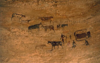 Cena da vida diária com o gado, arte rupestre, Tassili n