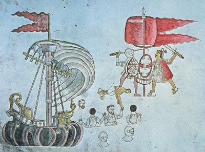 Soldados espanhóis de Hernán Cortes desembarcam em 1519 para combater os astecas, copiados do Codex Azcatitlan, c.1550 (cor litho) de J.B. and Brown J. Rowbotham