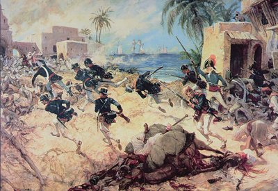 Marines U.S. Capture the Barbary pirate fortress at Derna, Tripoli, 27 de Abril de 1805 (aguarela sobre papel) de C.H. Waterhouse