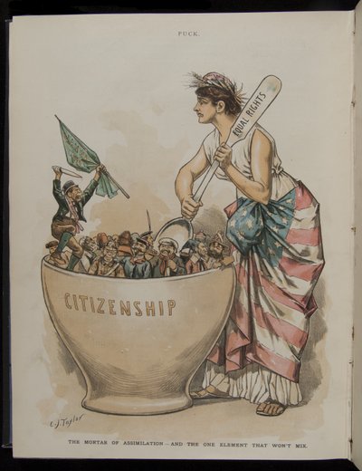 O Argamassa da Assimilação - E o Elemento que Não Vai Misturar, ilustração de Puck Magazine, 26 de junho de 1889 de C.J. Taylor