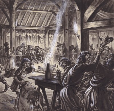 Um banquete numa sala de thegns anglo-saxónica (guache sobre papel) de C.L. Doughty