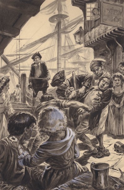 Um grupo de imprensa prende a sua vítima (guache sobre papel) de C.L. Doughty