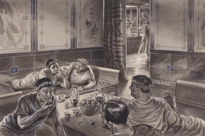 Anglo-romanos comendo no triclínio (guache sobre papel) de C.L. Doughty