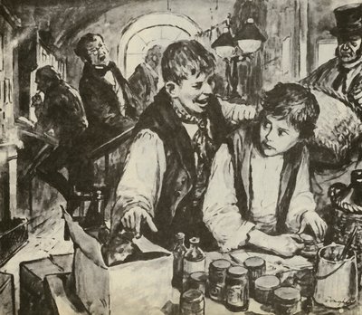 Charles Dickens em criança, na fábrica de escurecimento (litografia) de C.L. Doughty