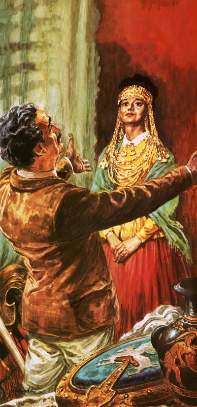 Heinrich Schliemann adorna a sua mulher com objectos de adorno desenterrados no local da antiga Troia de C.L. Doughty