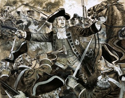 O rei Jorge II no campo de batalha de Dettingen (guache sobre papel) de C.L. Doughty