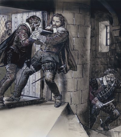 Lord Gowrie desenhando um punhal no rei Jaime VI da Escócia (guache sobre papel) de C.L. Doughty