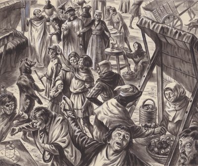 Mercadores numa feira medieval (guache sobre papel) de C.L. Doughty