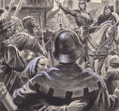 Nobres em conflito recrutaram exércitos entre os ex-militares desempregados que afluíram a Inglaterra após o fim da Guerra dos Cem Anos, em 1453 (guache sobre papel) de C.L. Doughty