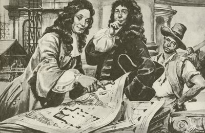 Sir Christopher Wren, arquiteto da Catedral de S. Paulo, Londres (litografia) de C.L. Doughty