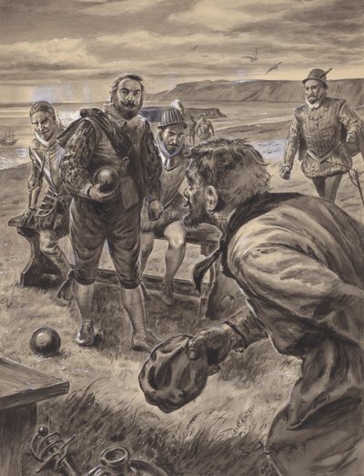 Sir Francis Drake a jogar bowling e a receber notícias da Armada Espanhola (guache sobre papel) de C.L. Doughty