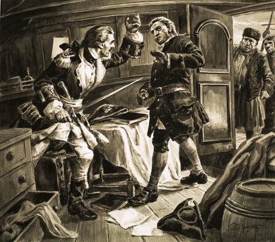 "De espada em punho, o capitão da guarda costeira espanhola atacou o capitão Jenkins. de C.L. Doughty