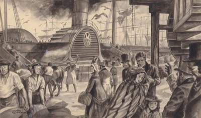 O navio a vapor The Britannia, da Cunard Companys, que iniciou um serviço quinzenal para a América em 1840 (guache sobre papel) de C.L. Doughty