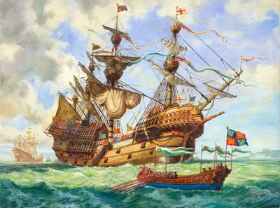 O Great Harry, navio almirante da frota do rei Henrique, com muitos dos seus 251 canhões (guache sobre papel) de C.L. Doughty