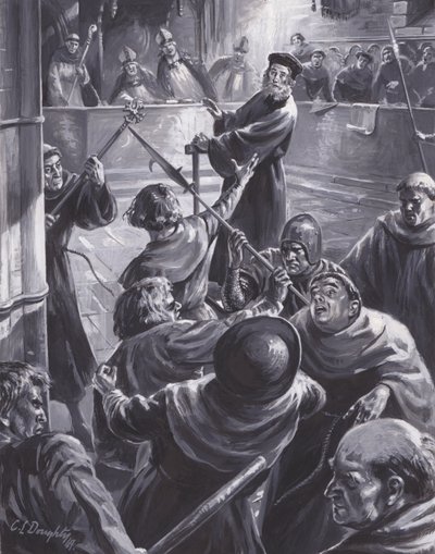 O julgamento de João Wyclif, no qual uma multidão tentou salvá-lo (guache sobre papel) de C.L. Doughty