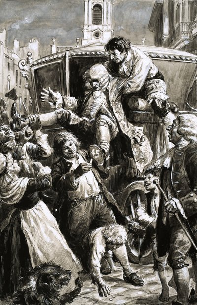 Cena não identificada (séc. XVII/XVIII) de um homem a ser transportado de uma carruagem de C.L. Doughty