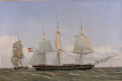 Um Corvette dinamarquês parando para conferenciar com um brigue dinamarquês: a cena sendo ambientada nas águas das Índias Ocidentais de Christoffer Wilhelm Eckersberg