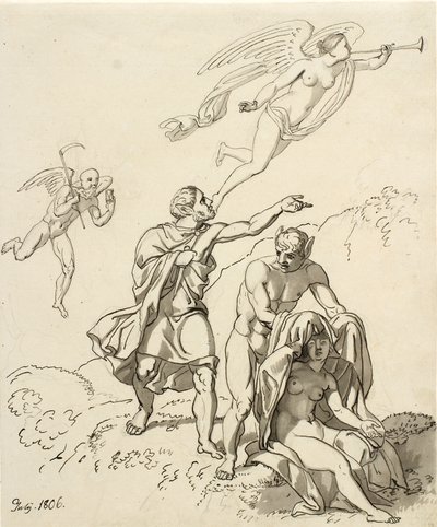 Composição alegórica; um par de jovens com orelhas de burro e uma mulher nua sentada, ao fundo o Tempo e a Fauna flutuando de Christoffer Wilhelm Eckersberg