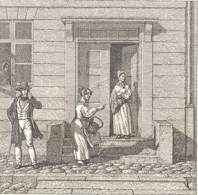 Cena de rua, duas garotas, um homem e uma mulher procurando algo de Christoffer Wilhelm Eckersberg