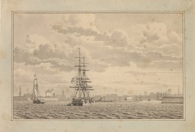 Copenhaga vista de Yderhavnen com um brigue ancorado e uma chalupa à vela. de Christoffer Wilhelm Eckersberg