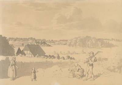 Paisagem com um lago, cercado por floresta e campos, nos camponeses em primeiro plano brincando com uma criança pequena de Christoffer Wilhelm Eckersberg