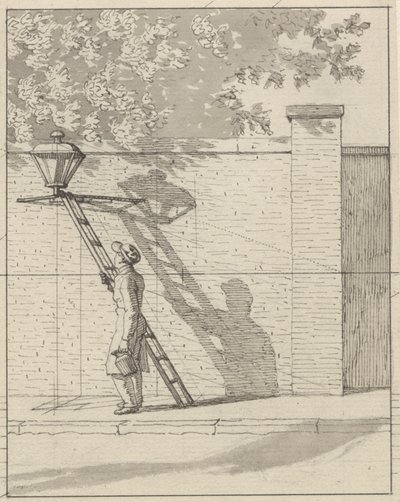 Perspectiva Linear Aplicada à Pintura - Placa VI. A lâmpada de rua na parede do jardim, luz do dia de Christoffer Wilhelm Eckersberg
