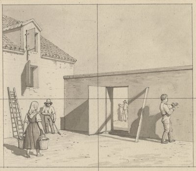 Perspectiva linear, aplicada à arte da pintura - rascunho de ilustração não utilizada - pátio dinamarquês com quatro agricultores e artesãos. de Christoffer Wilhelm Eckersberg
