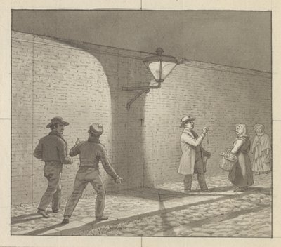 Perspectiva linear aplicada à arte da pintura, Placa VIII, fig. 1 - Tráfego noturno sob a luz da rua. de Christoffer Wilhelm Eckersberg