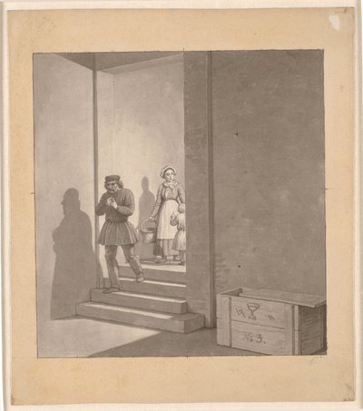 Homem descendo as escadas, ao fundo mulher e criança de Christoffer Wilhelm Eckersberg