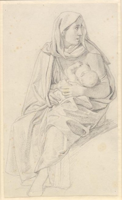 Moisés divide as águas e o exército do faraó é engolido - estudo para uma mãe israelita e seu filho de Christoffer Wilhelm Eckersberg