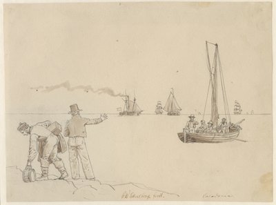 Os passageiros são colocados no navio a vapor Caledonia. de Christoffer Wilhelm Eckersberg