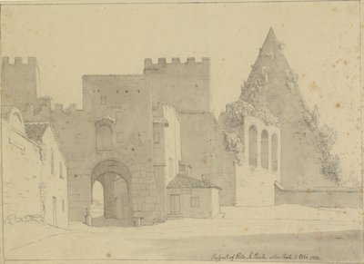 Perspectiva de Porta S.Paolo e Piramide di Caio Cestio visto do lado da cidade, Roma. de Christoffer Wilhelm Eckersberg