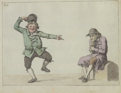 Revista satírica; um homem pula e ri enquanto aponta para um velho sentado de Christoffer Wilhelm Eckersberg