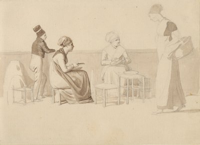 Cena de uma fazenda ou cais em Paris. Quatro figuras sentadas, em pé e andando. de Christoffer Wilhelm Eckersberg