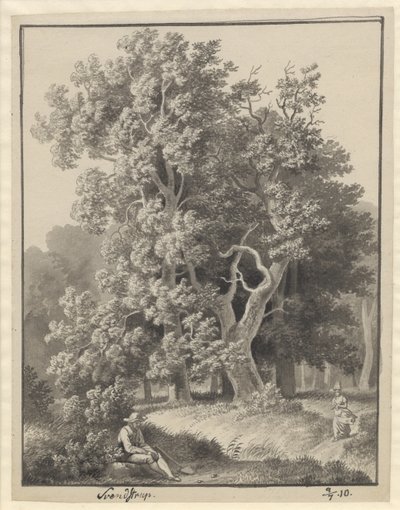 Woodland em Svendstrup com algumas figuras, na frente um homem sentado com uma pá de Christoffer Wilhelm Eckersberg