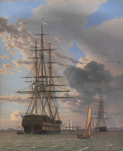 O navio russo da linha "Asow" e uma fragata em Anchor perto de Elsinore de Christoffer Wilhelm Eckersberg