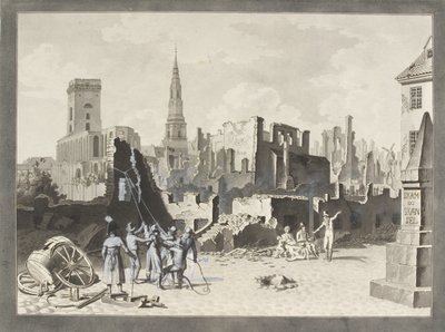 Praça do Ulfeldt, agora chamado Gråbrødertorv, após o bombardeio britânico em setembro de 1807 de Christoffer Wilhelm Eckersberg