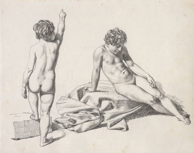 Duas meninas nuas, uma sentada vista de frente, a outra de pé vista de trás de Christoffer Wilhelm Eckersberg
