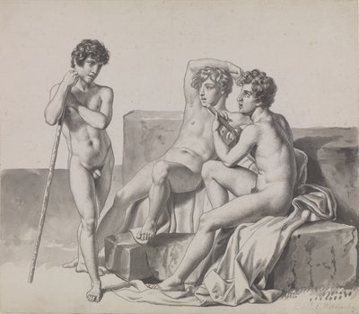 Três rapazes nus em pé ou sentados entre blocos de pedra. de Christoffer Wilhelm Eckersberg