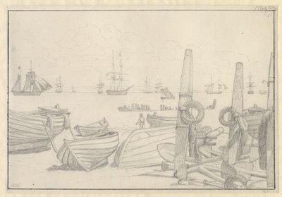 Vista da praia ao sul de Helsingør em direção ao navio de guarda, o brigue "Falster". de Christoffer Wilhelm Eckersberg