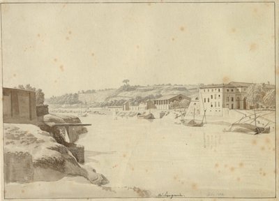 Vista do Tibre em direção a Porto di Ripa Grande e Porta Portese vista da margem abaixo do Monte Aventino, Roma. de Christoffer Wilhelm Eckersberg