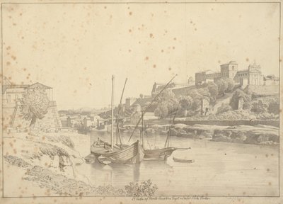 Vista do Tibre em Porto di Ripa Grande fora de Porta Portese em direção a Marmorata e as igrejas de Monte Aventino, Roma de Christoffer Wilhelm Eckersberg