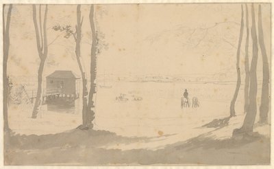 Vista de um lago, à esquerda uma casa de banhos, no centro cavaleiros regando cavalos, o primeiro plano é arborizado de Christoffer Wilhelm Eckersberg