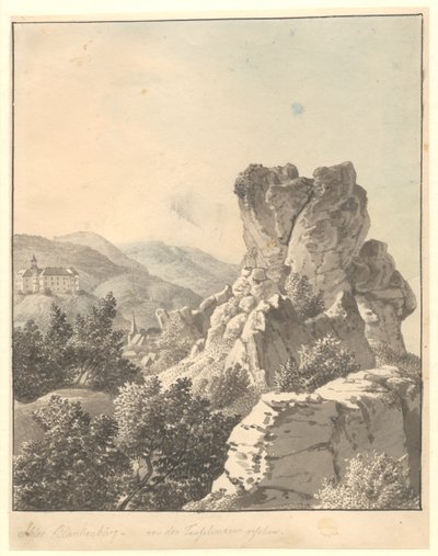 Vista de Harzen, de Teufelsmauer, o Castelo de Blankenburg ao fundo de Christoffer Wilhelm Eckersberg