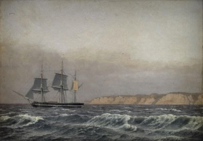 Vista dos penhascos de Møn e um Corvette de Christoffer Wilhelm Eckersberg