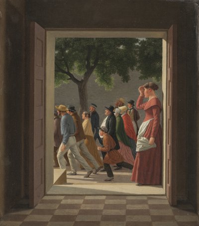 Ver através de uma porta para figuras em execução de Christoffer Wilhelm Eckersberg