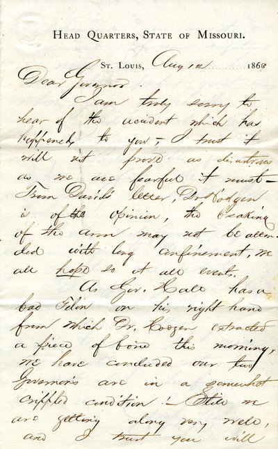 Carta assinada por C. C. Bailey, Head Quarters, Estado do Missouri, St. Louis, ao Governador [Hamilton R. Gamble], 12 de agosto de 1863 de C. C. Bailey