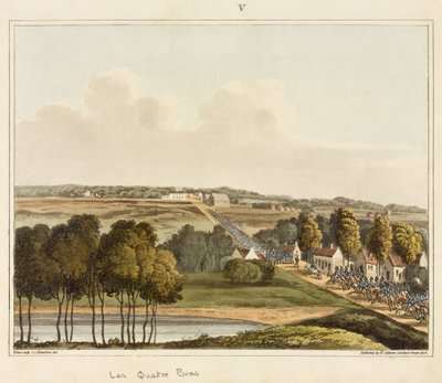 Les Quatre Bras, de &39;Um relato histórico da batalha de Waterloo&39;, gravura por James Rouse, 1817 (aquatinta colorida) de C. C. Hamilton